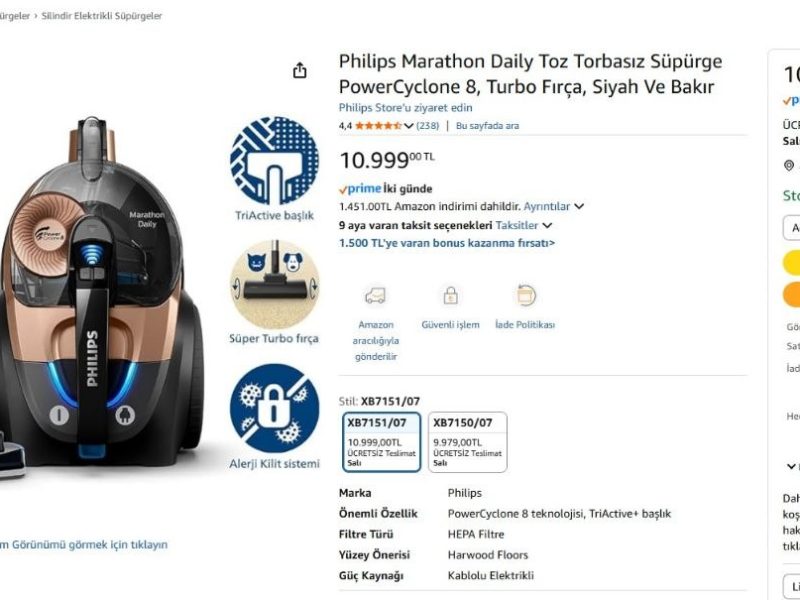 Philips Marathon Daily Toz Torbasız Süpürge PowerCyclone 8, Turbo Fırça, Siyah Ve Bakır