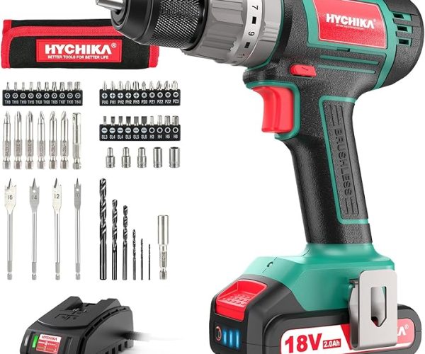 (%42.82) Akülü tornavida 60 Nm maks, HYCHIKA 18 V matkap, 2 x 2,0 Ah akü ve 57 parça aksesuar seti, fırçasız motor, 2 vites, 21 + 3 tork kademesi, çekiç fonksiyonlu matkap