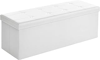 SONGMICS Tabure 120 Litre, Saklama Kutusu, Tabure, Katlanabilir, 300 Kg'A Kadar Yük, Sentetik Deri Kapak, Döşemeli, Beyaz Lsf702