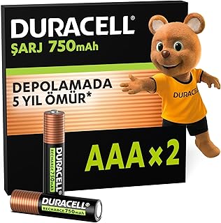 Duracell Şarj Edilebilir AAA İnce Kalem Pil (2'li paket) 750 mAh NiMH, 1000 Sarj Döngüsü, Önceden Sarj Edilmiştir
