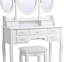 SONGMICS 3 aynalı ve tabureli tuvalet masası, 7 çekmece, eğim koruması, lüks, 145 x 90 x 40 cm, beyaz RDT91W — %36 İndirim | Amazon TR Fırsatı