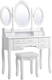 SONGMICS 3 aynalı ve tabureli tuvalet masası, 7 çekmece, eğim koruması, lüks, 145 x 90 x 40 cm, beyaz RDT91W