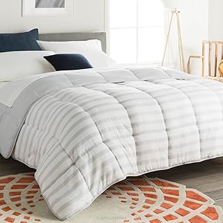 Linenspa (California King, Grey/White Stripe) - Reversible Striped Down Alternative Quilted Comforter with Corner Duvet Tabs - Cal King Size