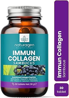 Naturagen Immun Collagen 30 Tablet Bağışıklık Güçlendirici Hidrolize Kolajen Peptitleri Tip 1 3 + B. Glukan + Vitamin A B6 B12 C D E + Glutatyon + Çinko Takviyesi (30 Tablet, Sambucus(Karamürver))