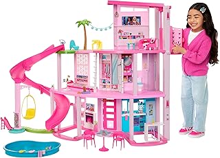 Barbie Rüya Evi, 75'ten fazla parçalı ve 3 katlı kaydıraklı havuz partisi bebek evi, evcil hayvan asansörü ve köpek oyun alanları, HMX10