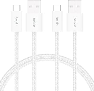 Belkin 2'li Örgülü USB-A - USB-C Kablo, 1,5 m, 15 W, Yumuşak, Esnek ve Hızlı Şarj Kablosu, iPhone 17 ve 16 Serisi, Galaxy S25, Pixel 10, iPad Pro ve Daha Fazlasıyla Uyumlu, Beyaz
