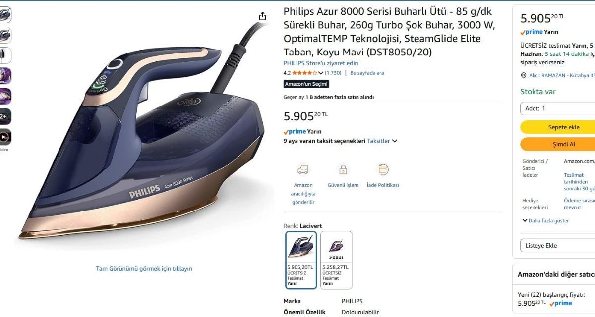Philips Azur 8000 Serisi Buharlı Ütü – 85 g/dk Sürekli Buhar, 260g Turbo Şok Buhar, 3000 W, OptimalTEMP Teknolojisi, SteamGlide Elite Taban, Koyu Mavi (DST8050/20)