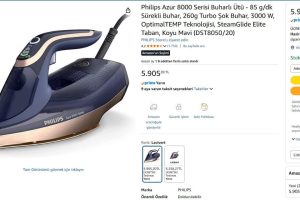 Philips Azur 8000 Serisi Buharlı Ütü – 85 g/dk Sürekli Buhar, 260g Turbo Şok Buhar, 3000 W, OptimalTEMP Teknolojisi, SteamGlide Elite Taban, Koyu Mavi (DST8050/20)