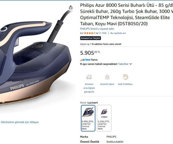 Philips Azur 8000 Serisi Buharlı Ütü – 85 g/dk Sürekli Buhar, 260g Turbo Şok Buhar, 3000 W, OptimalTEMP Teknolojisi, SteamGlide Elite Taban, Koyu Mavi (DST8050/20)