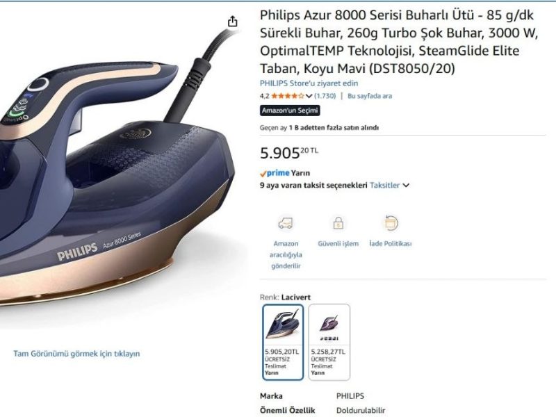 Philips Azur 8000 Serisi Buharlı Ütü – 85 g/dk Sürekli Buhar, 260g Turbo Şok Buhar, 3000 W, OptimalTEMP Teknolojisi, SteamGlide Elite Taban, Koyu Mavi (DST8050/20)