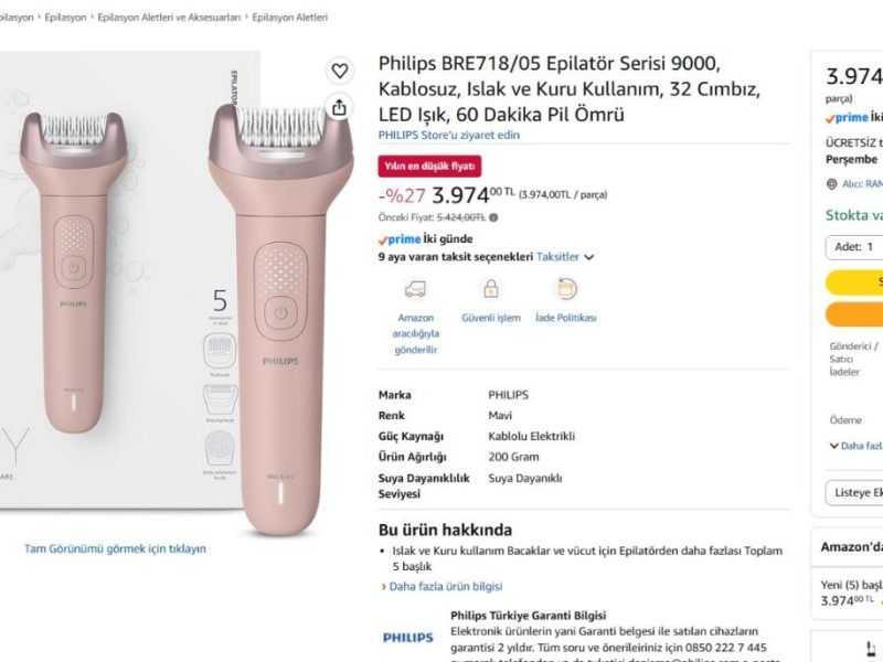 Philips BRE718/05 Epilatör Serisi 9000, Kablosuz, Islak ve Kuru Kullanım, 32 Cımbız, LED Işık, 60 Dakika Pil Ömrü