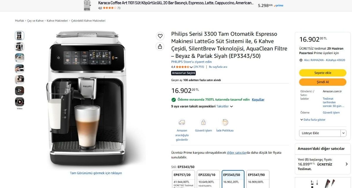 Philips Serisi 3300 Tam Otomatik Espresso Makinesi LatteGo Süt Sistemi ile, 6 Kahve Çeşidi, SilentBrew Teknolojisi, AquaClean Filtre – Beyaz & Parlak Siyah (EP3343/50) — %95 İndirim