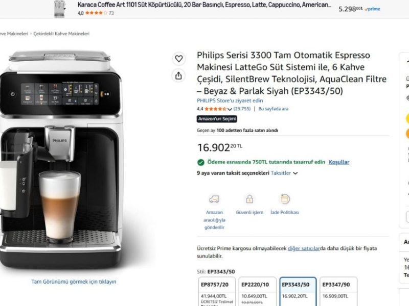 Philips Serisi 3300 Tam Otomatik Espresso Makinesi LatteGo Süt Sistemi ile, 6 Kahve Çeşidi, SilentBrew Teknolojisi, AquaClean Filtre – Beyaz & Parlak Siyah (EP3343/50) — %95 İndirim