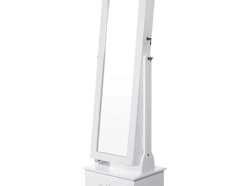 SONGMICS Tekerlekli ve Led Aydınlatmalı Kilitlenebilir Mücevher Dolabı, Beyaz, Jbc61W