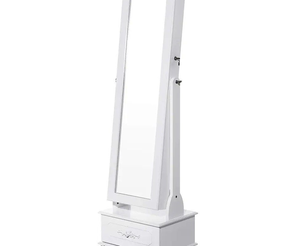 SONGMICS Tekerlekli ve Led Aydınlatmalı Kilitlenebilir Mücevher Dolabı, Beyaz, Jbc61W