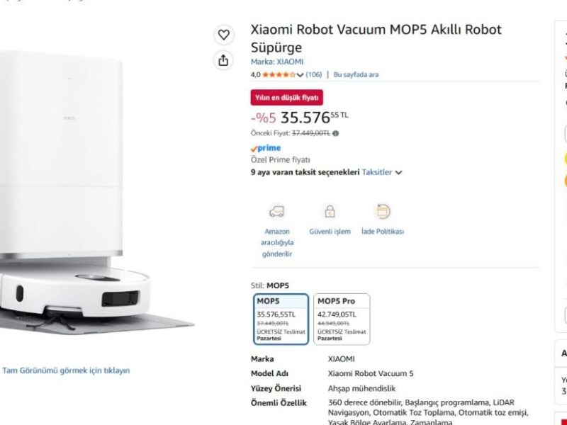 Xiaomi Robot Vacuum MOP5 Akıllı Robot Süpürge