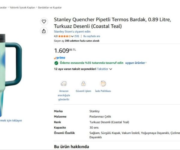Stanley Quencher Pipetli Termos Bardak, 0.89 Litre, Turkuaz Desenli (Coastal Teal) — %35 İndirim
