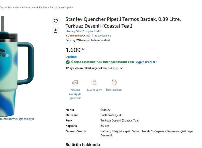 Stanley Quencher Pipetli Termos Bardak, 0.89 Litre, Turkuaz Desenli (Coastal Teal) — %35 İndirim