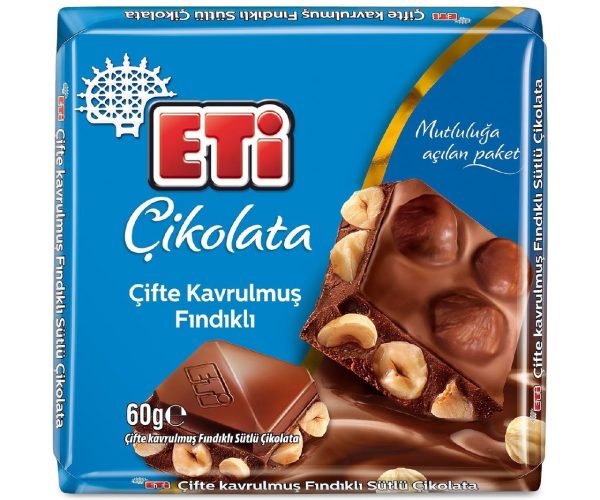 Eti Çikolata Çifte Kavrulmuş Fındıklı Sütlü Kare 60 g
