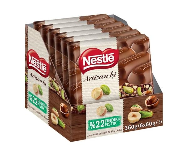 🛍️ Nestlé Artizan İşi Antep Fıstıklı ve Fındıklı Bol Sütlü Çikolata 60 Gram x 6