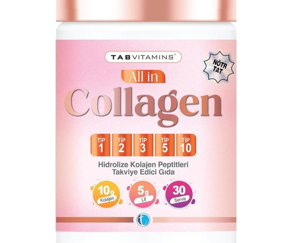 🛍️ TABVITAMINS All in Collagen 30 Servis Aromasız Hidrolize Kolajen Peptitleri Tip 1 Tip 2 Tip 3 Tip 5 Tip 10 Akasya Gamı Yumurta Kabuğu Zarı Bromelain Hyaluronik Asit Vitamin C Magnezyum