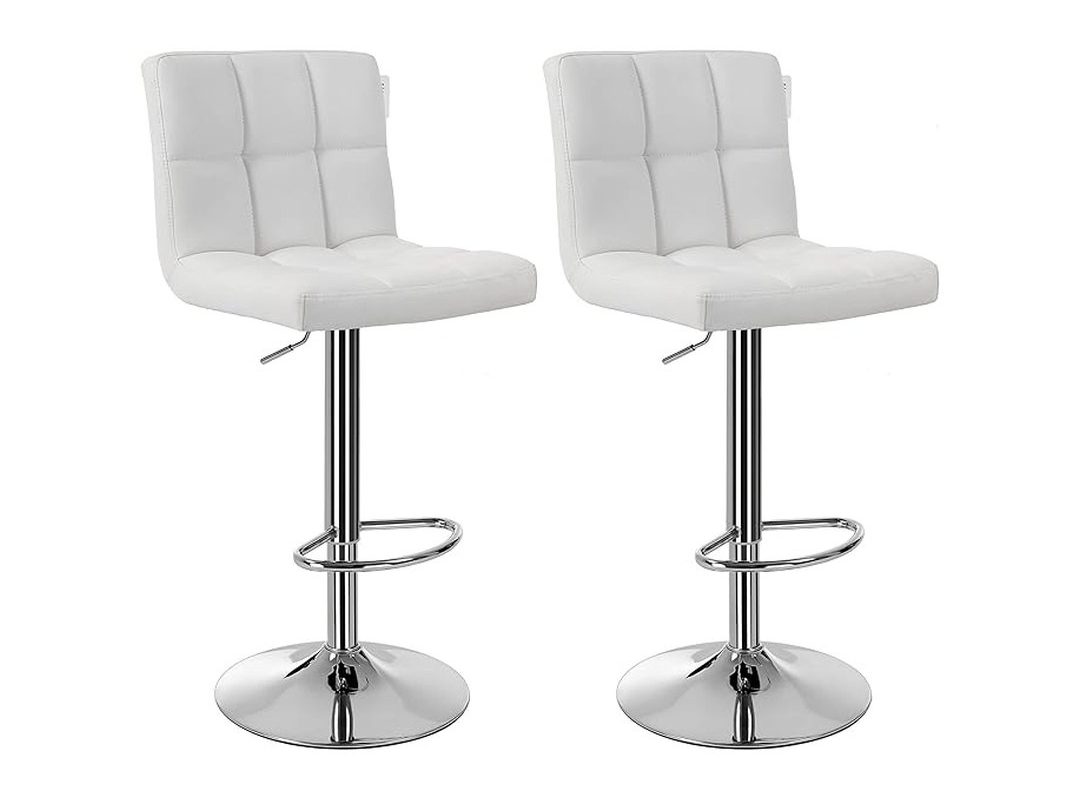 🛍️ SONGMICS Bar Tabureleri, 2’li Set, Yüksekliği Ayarlanabilir Pu Kapaklı Bar Sandalyeleri, 360° Döner Sandalye, Arkalık ve Ayaklıklı Mutfak Sandalyesi, Lobi, Tezgah, Krom Kaplama Çelik, Beyaz Ljb64W