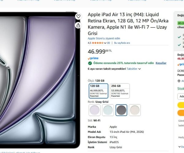 Apple iPad Air 13 inç (M4): Liquid Retina Ekran, 128 GB, 12 MP Ön/Arka Kamera, Apple N1 ile Wi-Fi 7 — Uzay Grisi