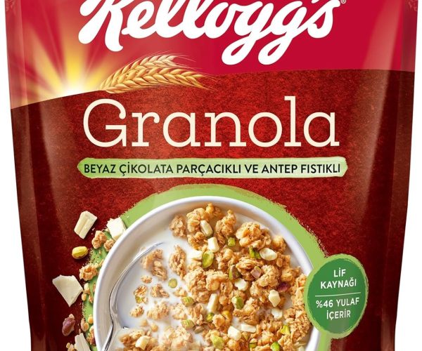 Kellogg’s Granola Beyaz Çikolata Parçacıklı ve Antep Fıstıklı 200 Gr,%46 Yulaf içerir,Lif Kaynağı,Kahvaltılık Gevrek,Müsli