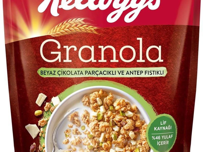 Kellogg’s Granola Beyaz Çikolata Parçacıklı ve Antep Fıstıklı 200 Gr,%46 Yulaf içerir,Lif Kaynağı,Kahvaltılık Gevrek,Müsli