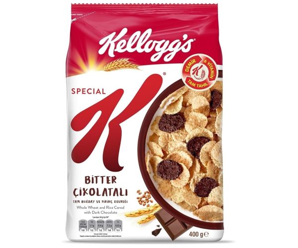 🛍️ Kellogg’s Special K Bitter Çikolatalı Kahvaltılık Tam Buğday ve Pirinç Gevreği 400 Gr,Tam Tahıllı,Lif Kaynağı,Demir ve 6 Vitamin Kaynağı,Folik Asit ve Minarel içerir,En Az %42 Kakao Kitlesi içerir