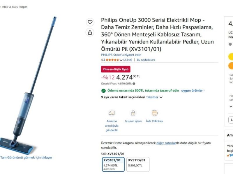 Philips OneUp 3000 Serisi Elektrikli Mop – Daha Temiz Zeminler, Daha Hızlı Paspaslama, 360° Dönen Menteşeli Kablosuz Tasarım, Yıkanabilir Yeniden Kullanılabilir Pedler, Uzun Ömürlü Pil (XV3101/01) — %86 İndirim