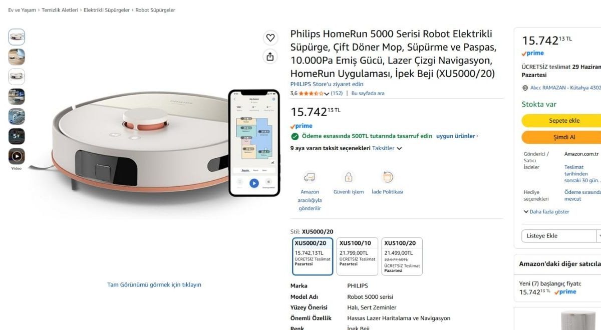 Philips HomeRun 5000 Serisi Robot Elektrikli Süpürge, Çift Döner Mop, Süpürme ve Paspas, 10.000Pa Emiş Gücü, Lazer Çizgi Navigasyon, HomeRun Uygulaması, İpek Beji (XU5000/20) — %96 İndirim