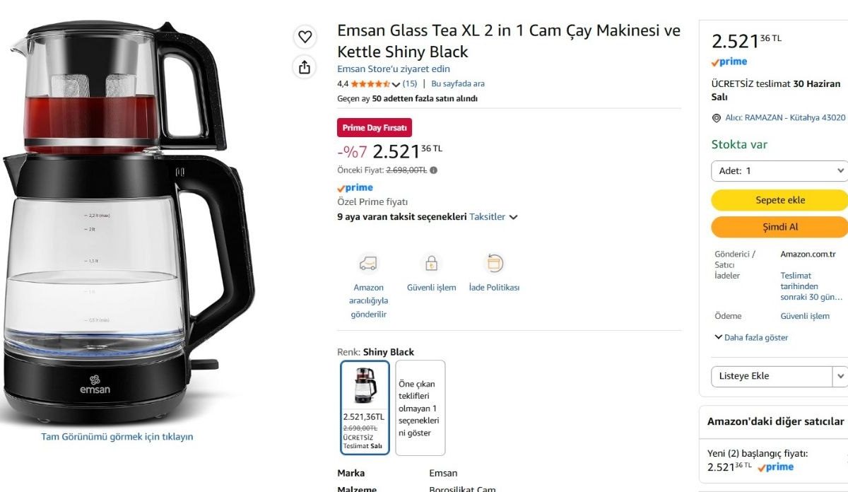 Emsan Glass Tea XL 2 in 1 Cam Çay Makinesi ve Kettle Shiny Black