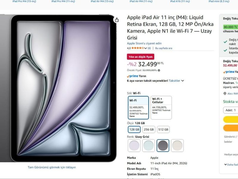 Apple iPad Air 11 inç (M4): Liquid Retina Ekran, 128 GB, 12 MP Ön/Arka Kamera, Apple N1 ile Wi-Fi 7 — Uzay Grisi — %0 İndirim