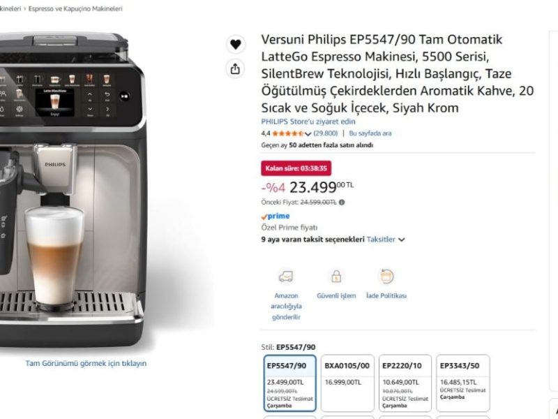 Versuni Philips EP5547/90 Tam Otomatik LatteGo Espresso Makinesi, 5500 Serisi, SilentBrew Teknolojisi, Hızlı Başlangıç, Taze Öğütülmüş Çekirdeklerden Aromatik Kahve, 20 Sıcak ve Soğuk İçecek, Siyah Krom