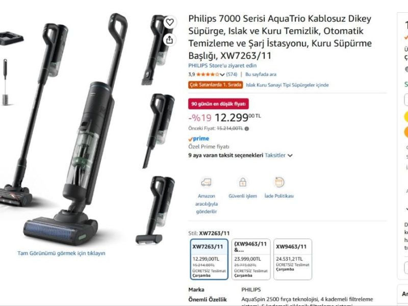 Philips 7000 Serisi AquaTrio Kablosuz Dikey Süpürge, Islak ve Kuru Temizlik, Otomatik Temizleme ve Şarj İstasyonu, Kuru Süpürme Başlığı, XW7263/11