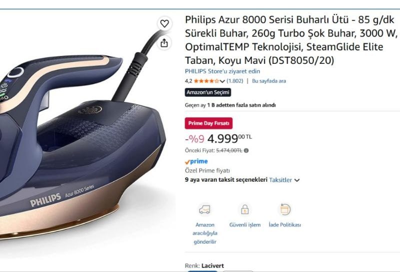 Philips Azur 8000 Serisi Buharlı Ütü – 85 g/dk Sürekli Buhar, 260g Turbo Şok Buhar, 3000 W, OptimalTEMP Teknolojisi, SteamGlide Elite Taban, Koyu Mavi (DST8050/20)