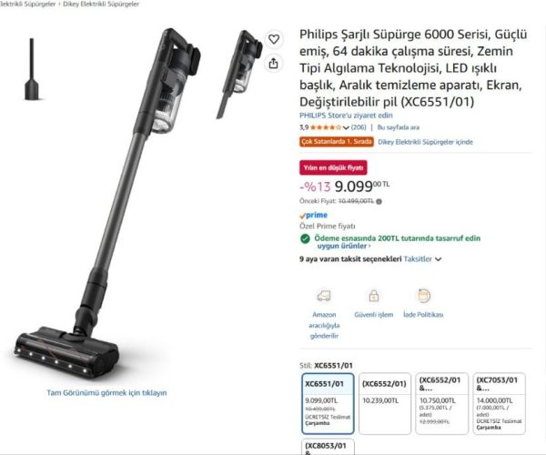 Philips Şarjlı Süpürge 6000 Serisi, Güçlü emiş, 64 dakika çalışma süresi, Zemin Tipi Algılama Teknolojisi, LED ışıklı başlık, Aralık temizleme aparatı, Ekran, Değiştirilebilir pil (XC6551/01) — %97 İndirim