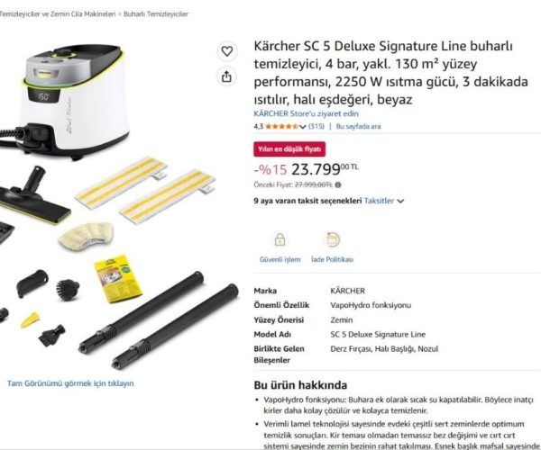 Kärcher SC 5 Deluxe Signature Line buharlı temizleyici, 4 bar, yakl. 130 m² yüzey performansı, 2250 W ısıtma gücü, 3 dakikada ısıtılır, halı eşdeğeri, beyaz