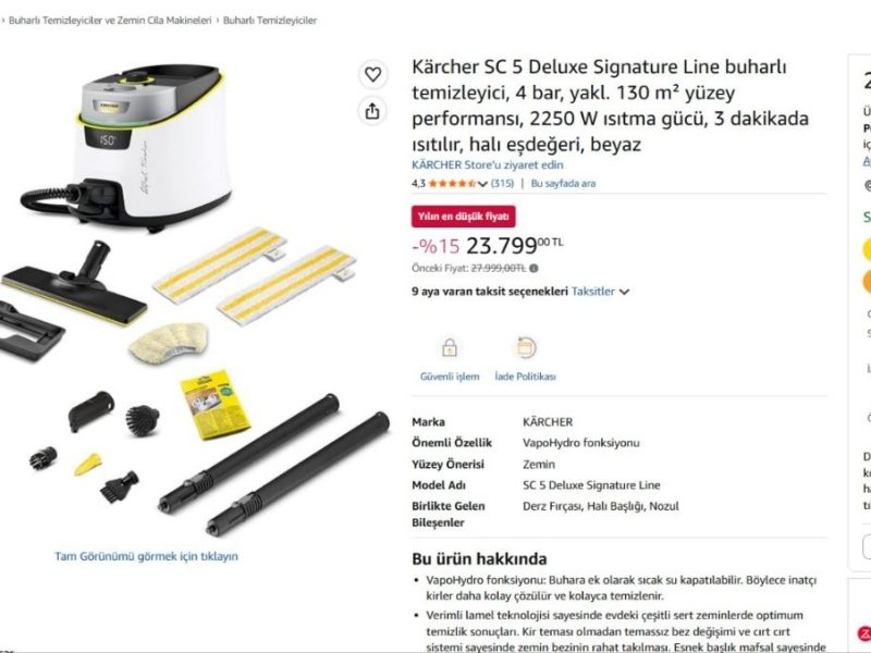 Kärcher SC 5 Deluxe Signature Line buharlı temizleyici, 4 bar, yakl. 130 m² yüzey performansı, 2250 W ısıtma gücü, 3 dakikada ısıtılır, halı eşdeğeri, beyaz