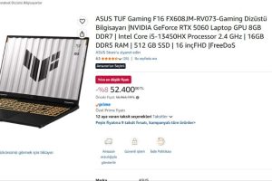 ASUS TUF Gaming F16 FX608JM-RV073-Gaming Dizüstü Bilgisayarı |NVIDIA GeForce RTX 5060 Laptop GPU 8GB DDR7 | Intel Core i5-13450HX Processor 2.4 GHz | 16GB DDR5 RAM | 512 GB SSD | 16 inçFHD |FreeDoS