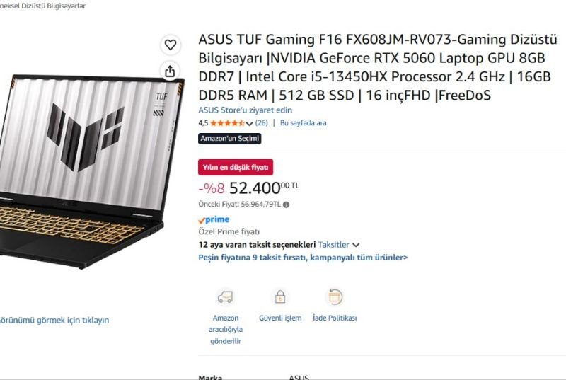 ASUS TUF Gaming F16 FX608JM-RV073-Gaming Dizüstü Bilgisayarı |NVIDIA GeForce RTX 5060 Laptop GPU 8GB DDR7 | Intel Core i5-13450HX Processor 2.4 GHz | 16GB DDR5 RAM | 512 GB SSD | 16 inçFHD |FreeDoS