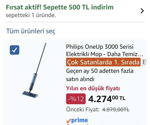Philips OneUp 3000 Serisi Elektrikli Mop – Daha Temiz Zeminler, Daha Hızlı Paspaslama, 360° Dönen Menteşeli Kablosuz Tasarım, Yıkanabilir Yeniden Kullanılabilir Pedler, Uzun Ömürlü Pil (XV3101/01)