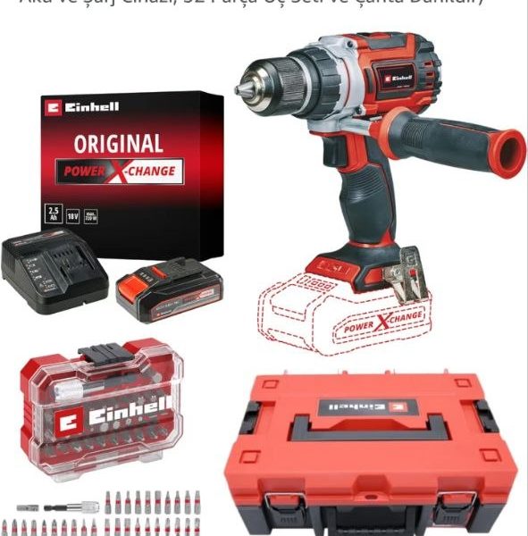 Einhell TP-CD 18/60 Li BL Akülü Vidalama Seti (2,5 Ah Akü ve Şarj Cihazı, 32 Parça Uç Seti ve Çanta Dahildir)