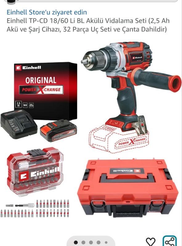 Einhell TP-CD 18/60 Li BL Akülü Vidalama Seti (2,5 Ah Akü ve Şarj Cihazı, 32 Parça Uç Seti ve Çanta Dahildir)
