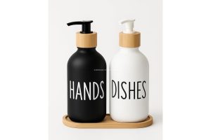 🛍️ Busstier Bulaşık Deterjanlık ve Sabunluk Seti Bambu Tepsili Şık İkili Set Siyah Beyaz Modern Tasarım Kompozit Malzemeli Mutfak Tezgah Üstü Organizer (Silindir)