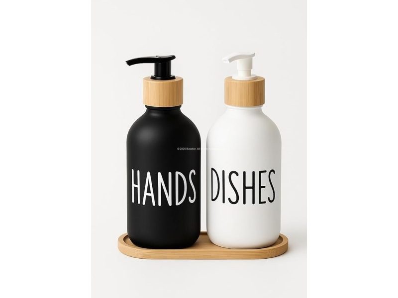 🛍️ Busstier Bulaşık Deterjanlık ve Sabunluk Seti Bambu Tepsili Şık İkili Set Siyah Beyaz Modern Tasarım Kompozit Malzemeli Mutfak Tezgah Üstü Organizer (Silindir)