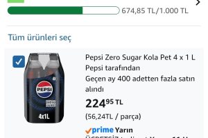 Pepsi Zero Sugar Kola Pet 4 x 1 Lt / 224₺ / 3 adet alımda adedi 150₺ — %33 İndirim