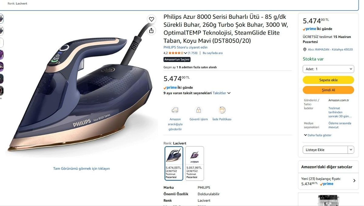 Philips Azur 8000 Serisi Buharlı Ütü – 85 g/dk Sürekli Buhar, 260g Turbo Şok Buhar, 3000 W, OptimalTEMP Teknolojisi, SteamGlide Elite Taban, Koyu Mavi (DST8050/20) — %79 İndirim