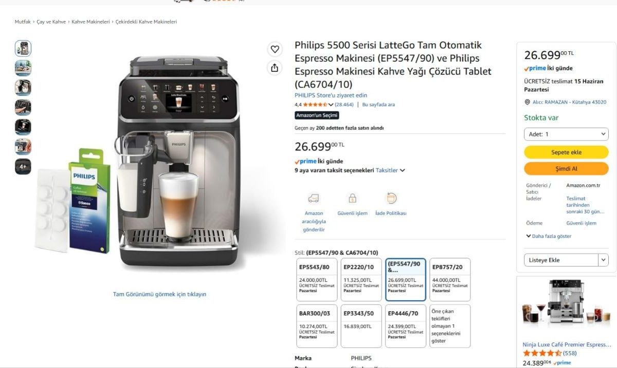 Philips 5500 Serisi LatteGo Tam Otomatik Espresso Makinesi (EP5547/90) ve Philips Espresso Makinesi Kahve Yağı Çözücü Tablet (CA6704/10) — %96 İndirim